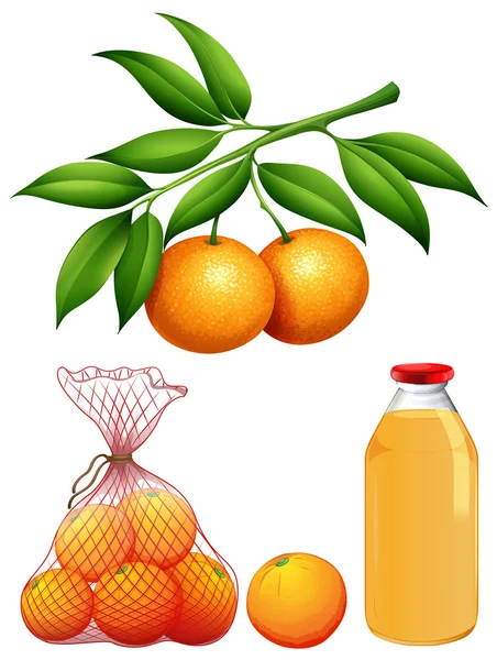Набор свежих апельсинов и соков — стоковый вектор