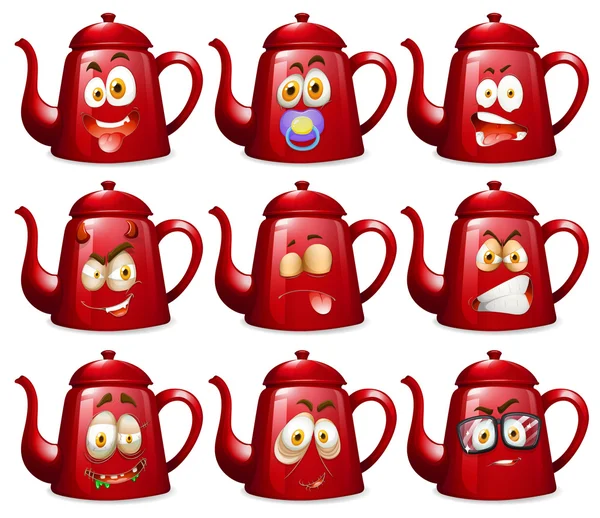 Червоні чайники з виразами обличчя — стоковий вектор