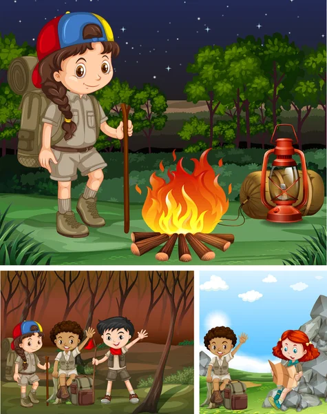 Barn camping i skogen — Stock vektor