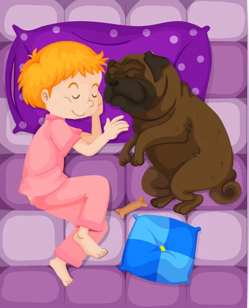 Μικρό αγόρι στον ύπνο με το σκυλί κατοικίδιων ζώων σας στο κρεβάτι — Διανυσματικό Αρχείο