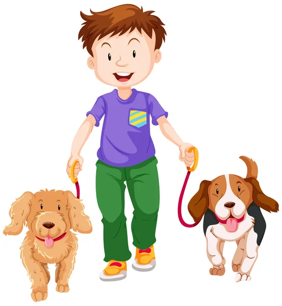 Niño caminando dos perros — Vector de stock