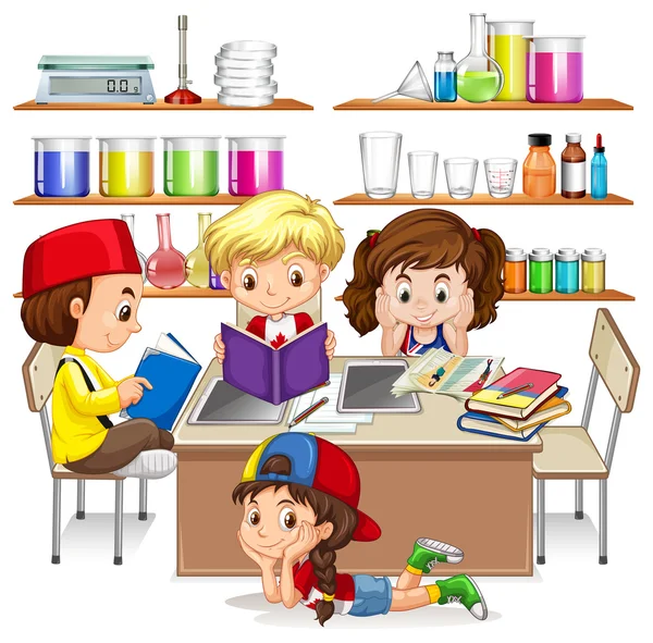 Niños leyendo y estudiando en el aula — Vector de stock #117156160