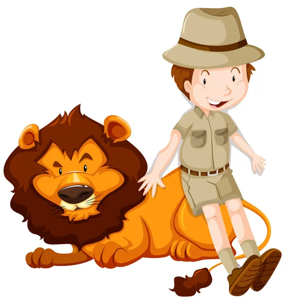Zoólogo e leão selvagem juntos —  Vetores de Stock