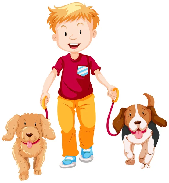 Niño caminando dos perros — Vector de stock