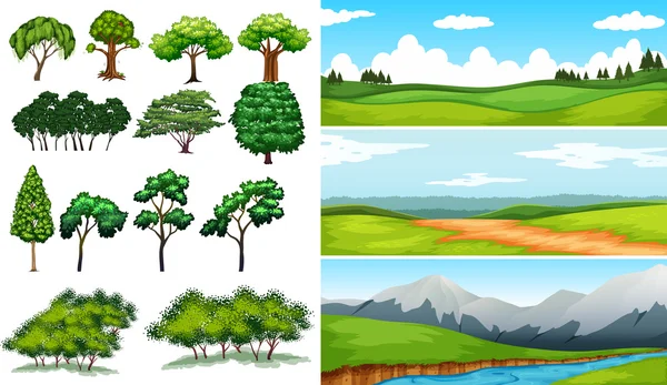 Cenas da natureza com campos e montanhistas —  Vetores de Stock