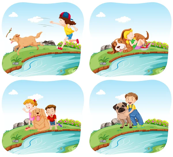 Cuatro escenas con niños y perros — Vector de stock