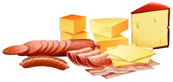 Kaas en verschillende soorten vleesproducten — Stockvector