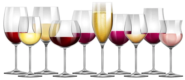 Copas de vino llenas de vino tinto y blanco — Vector de stock