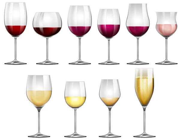 Copas de vino llenas de vino tinto y blanco — Vector de stock