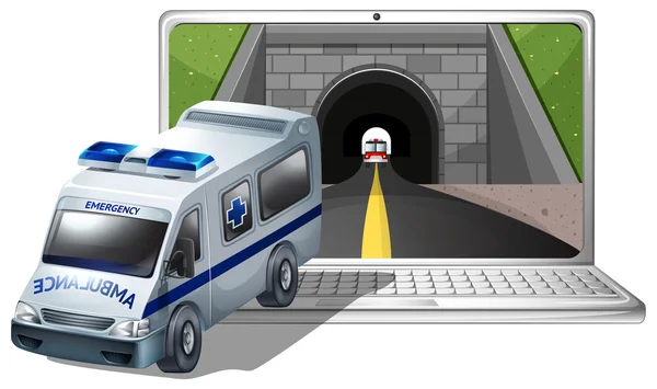 Pantalla de ordenador con ambulancia y túnel — Archivo Imágenes Vectoriales