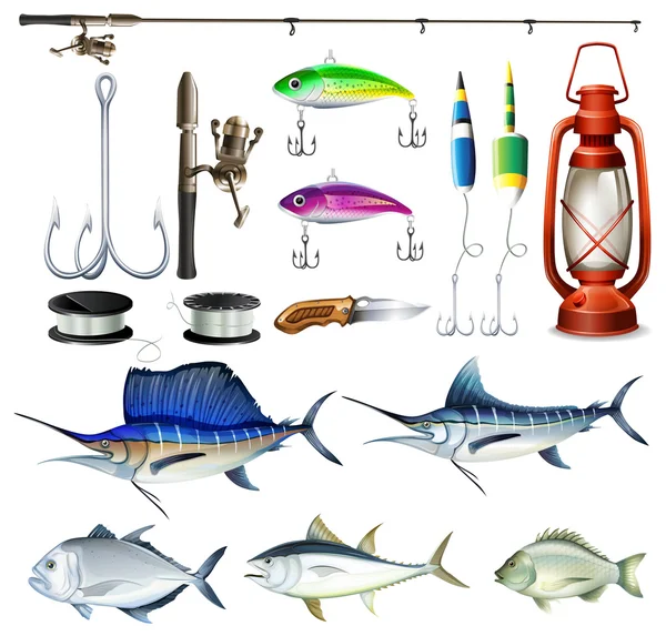 Conjunto de pesca com equipamentos e peixes — Vetor de Stock