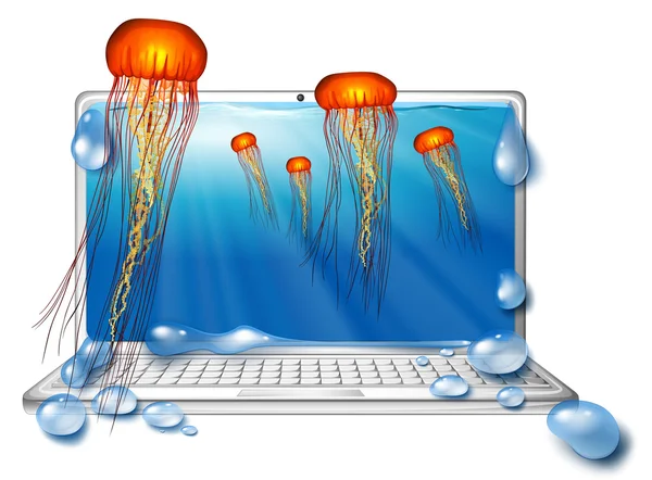 Tela do computador com água-viva subaquática — Vetor de Stock