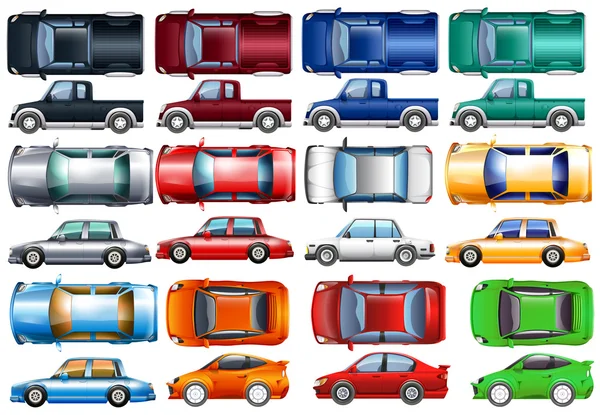 Set of cars and trucks in many colors — Stock Vector