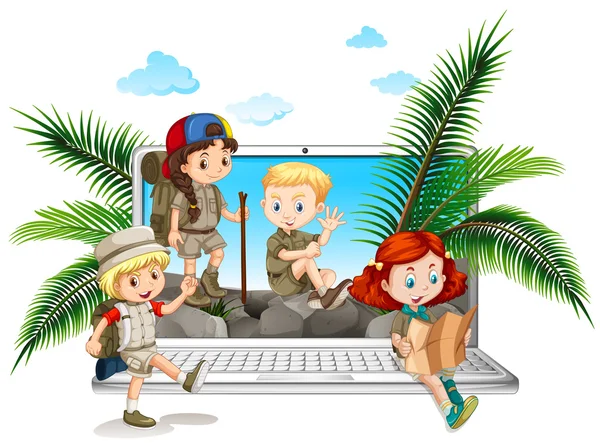 Kinderen in safari outfit op computerscherm — Stockvector