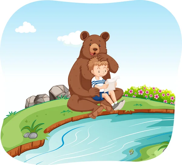 Kisfiú ül a medve, a folyó — Stock Vector