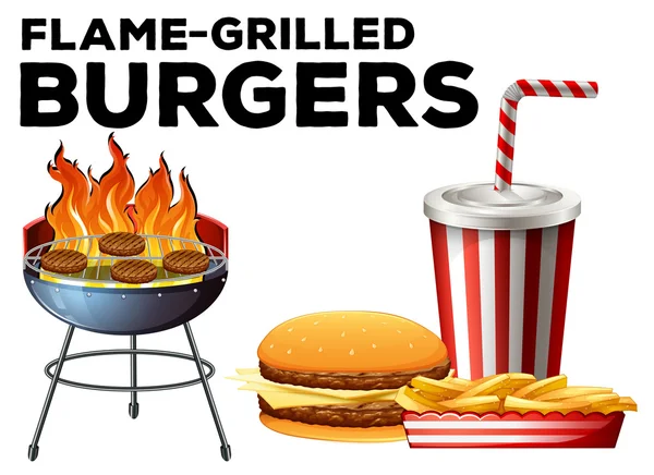 Hamburger alla griglia e hamburger set con bevanda — Vettoriale Stock