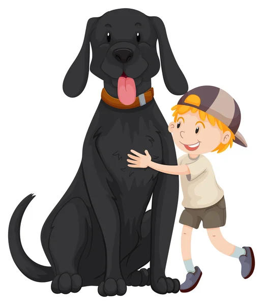 Jongen knuffelen gigantische zwarte hond — Stockvector