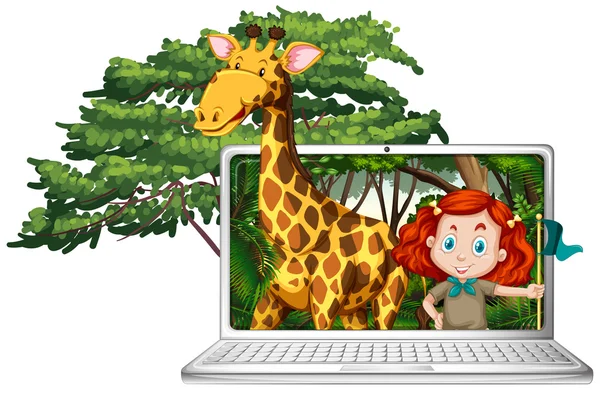 Girl and giraffe on computer screen — Stock Vector