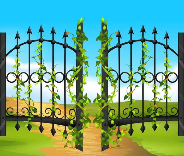 Metal fence witn vine and flowers — Stock Vector