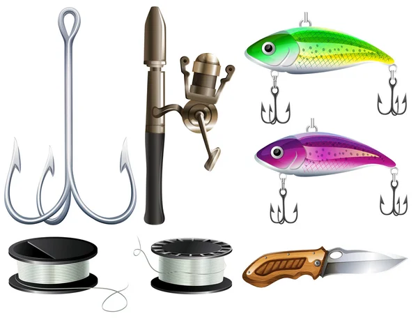 Conjunto de pesca com ganchos e faca — Vetor de Stock