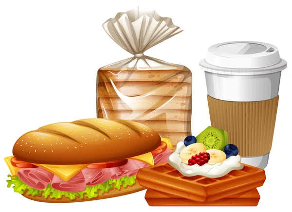 Pequeno-almoço conjunto com waffles e pão —  Vetores de Stock