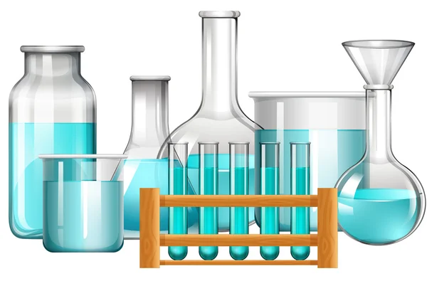 Vasos de vidrio y tubos de ensayo con líquido azul — Vector de stock