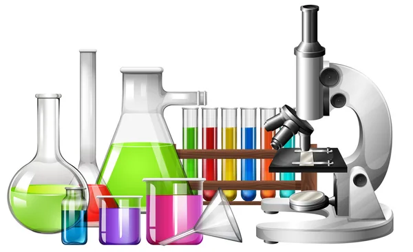 Equipamento científico com microscópio e copos — Vetor de Stock