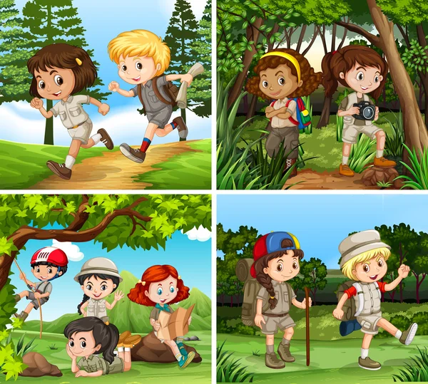 孩子们在树林里徒步旅行 — 图库矢量图片