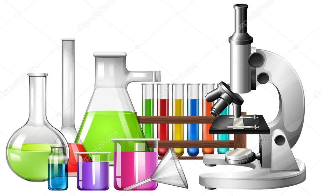 Научное оборудование с микроскопом и стаканами — Векторное изображение