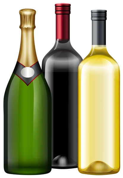 Tres botellas de vino y champán — Vector de stock