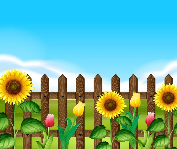 Trästaket med blommor i trädgården — Stock vektor