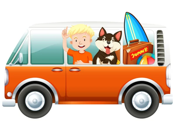 Garçon et chien sur camping-car — Image vectorielle