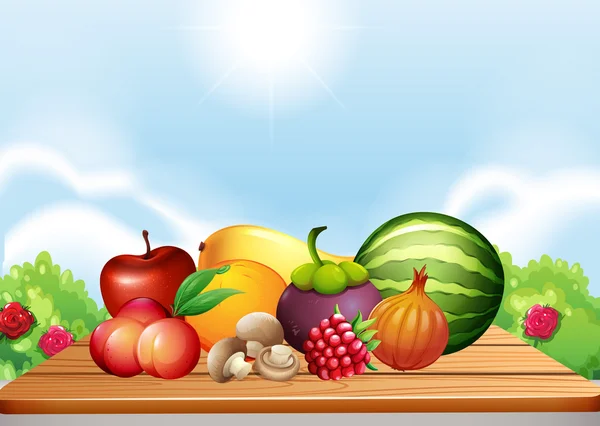 Fresh fruits and vegetables on table — Stock Vector