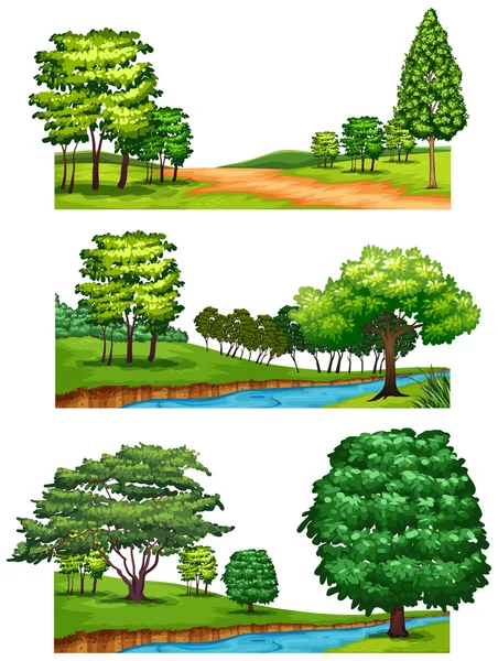 Сцены природы с деревьями и реками — стоковый вектор