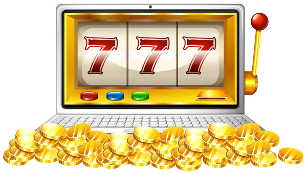 Slot machine and coins on computer screen — Stock Vector