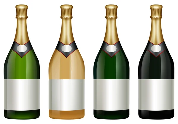 Cuatro botellas de champán con tapa dorada — Vector de stock