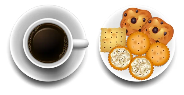 Café caliente y galletas en el plato — Vector de stock