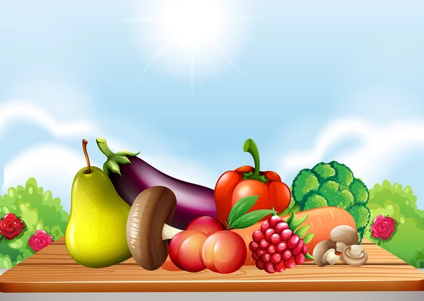 Legumes frescos e frutas na mesa —  Vetores de Stock