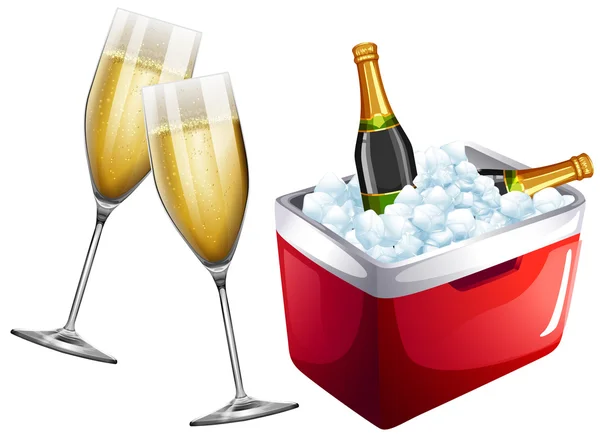Verres à champagne et glacière — Image vectorielle