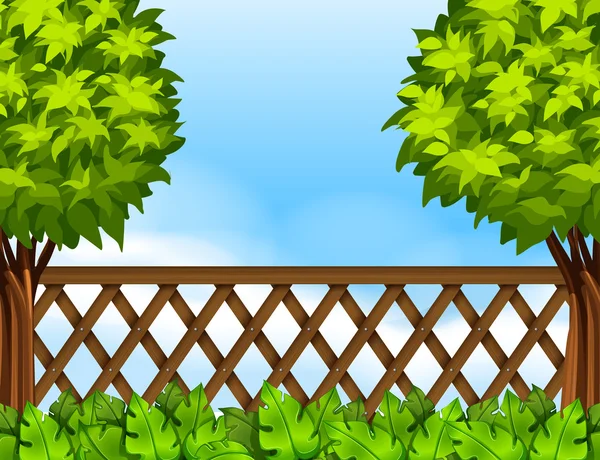 Garden scene with fence and trees — Stock Vector