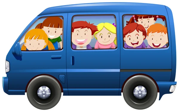 Bambini con carpooling nel furgone blu — Vettoriale Stock