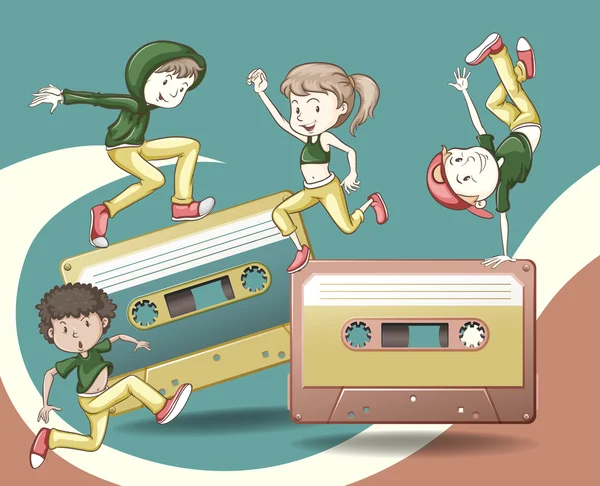 Ретро дизайн с кассетами ленты и люди танцуют — стоковый вектор