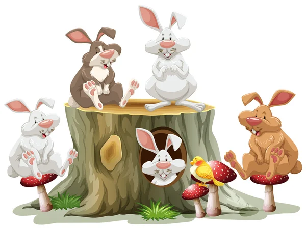Cinque conigli seduti sul tronco — Vettoriale Stock