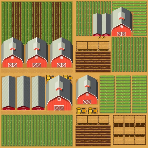 Luchtfoto scène met schuren en gewassen — Stockvector