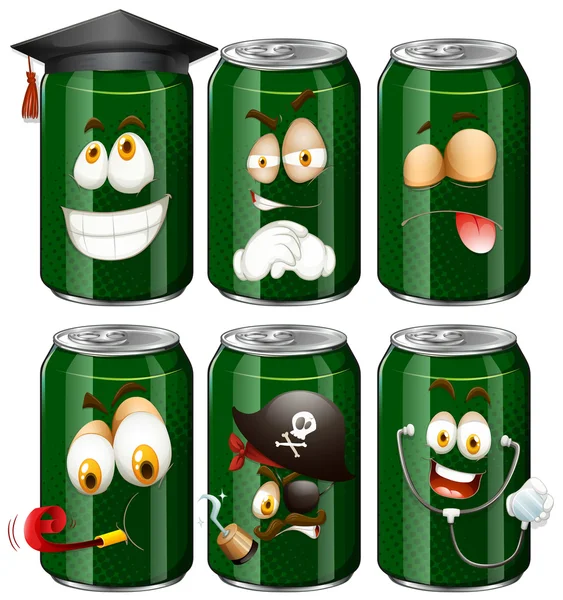Six cans with facial expressions — Stock Vector