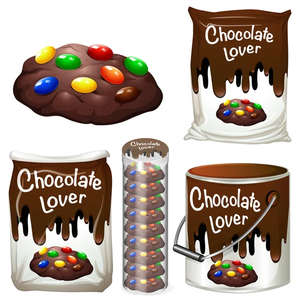 Galletas de chocolate en muchos envases — Vector de stock