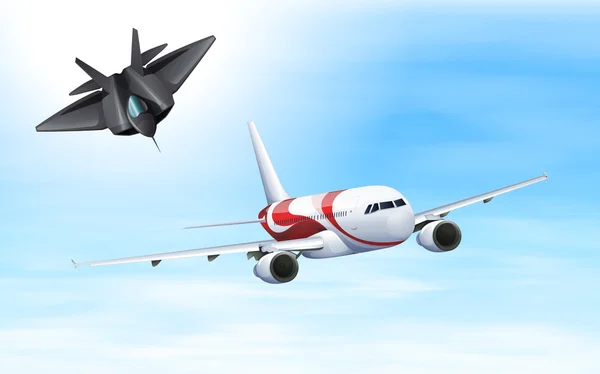 Μαχητικό jet και αεροπλάνο που πετούν στον ουρανό — Διανυσματικό Αρχείο