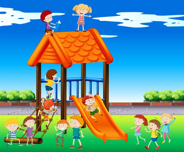 Niños jugando tobogán en el parque — Vector de stock