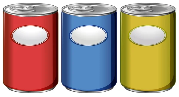 Tre lattine con etichette di colore diverso — Vettoriale Stock