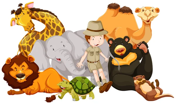 Wild animals and safari kid — Stock Vector